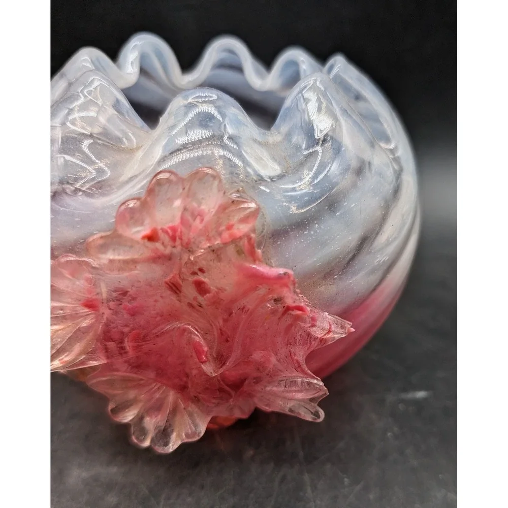 Uranium Glass Applied Flower Rose Bowl Opalescent Cranberry Swirl UV Glow 4.5
